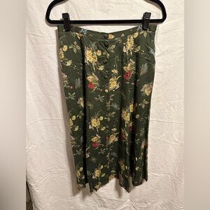 Susan Bristol Olive Green Floral Midi Skirt with Button Front